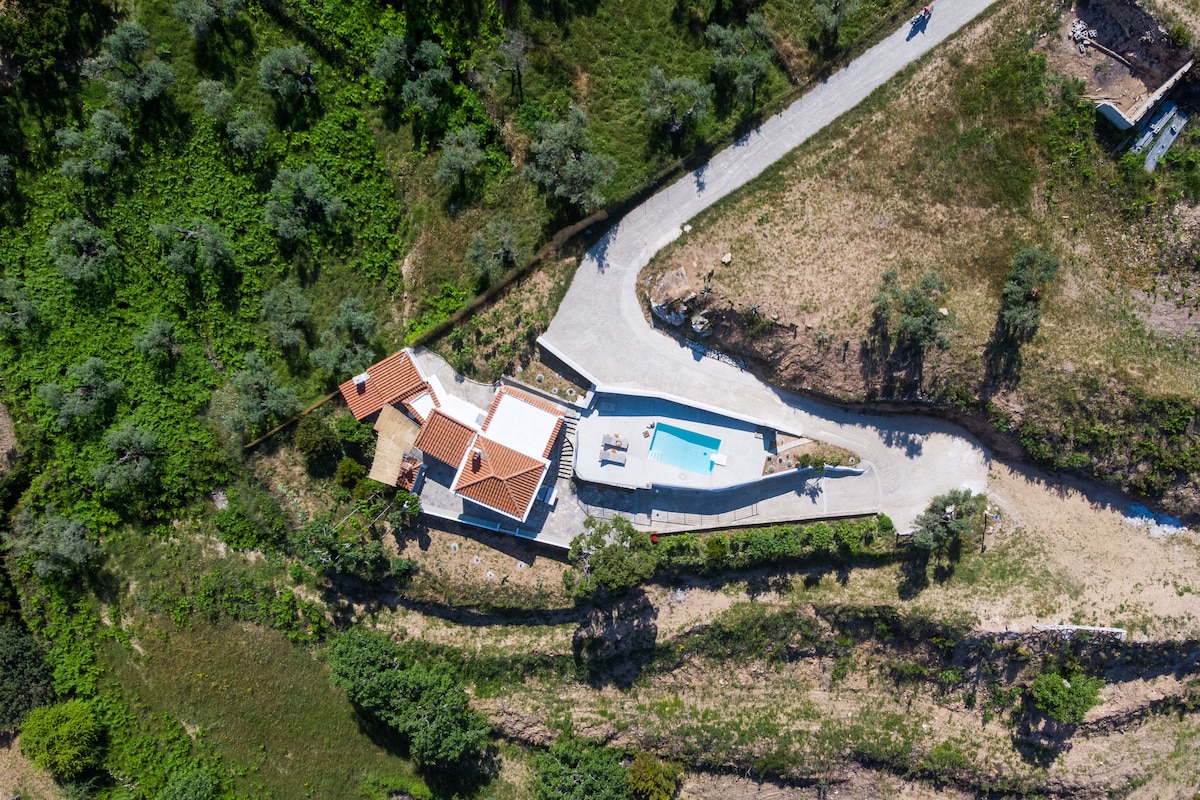An aerial view of the villa showcases its harmonious layout within a lush green landscape. The property features a private pool bordered by a patio area, with surrounding greenery and a winding pathway leading up to the villa.