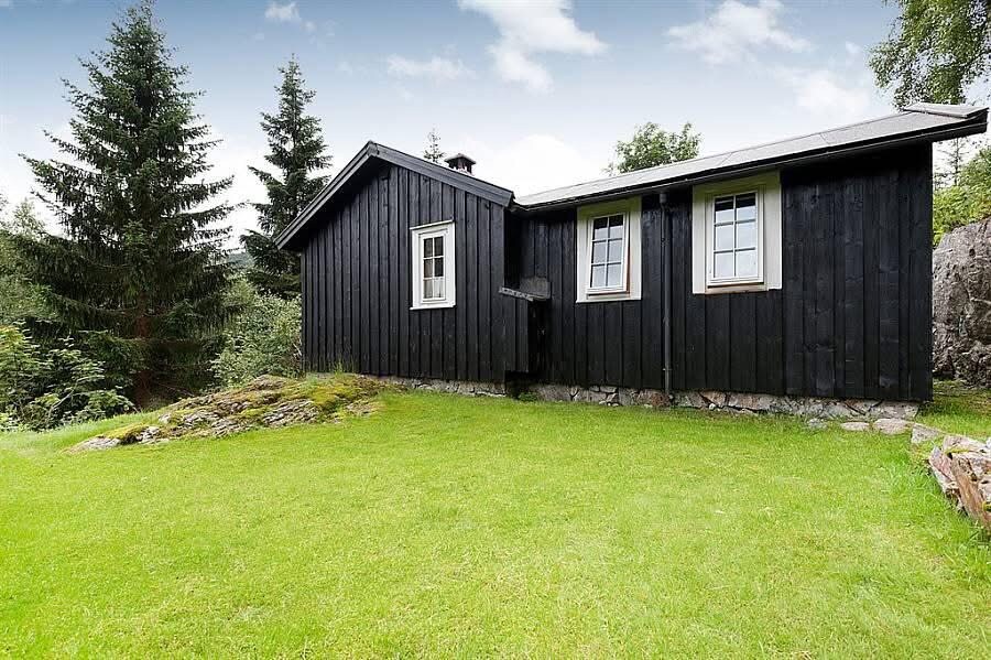 The exterior of a small black wooden cabin is shown, nestled among green trees in a grassy area. Two windows are visible on the front side, and the cabin features a simple roof and stone foundation, blending into the natural surroundings.