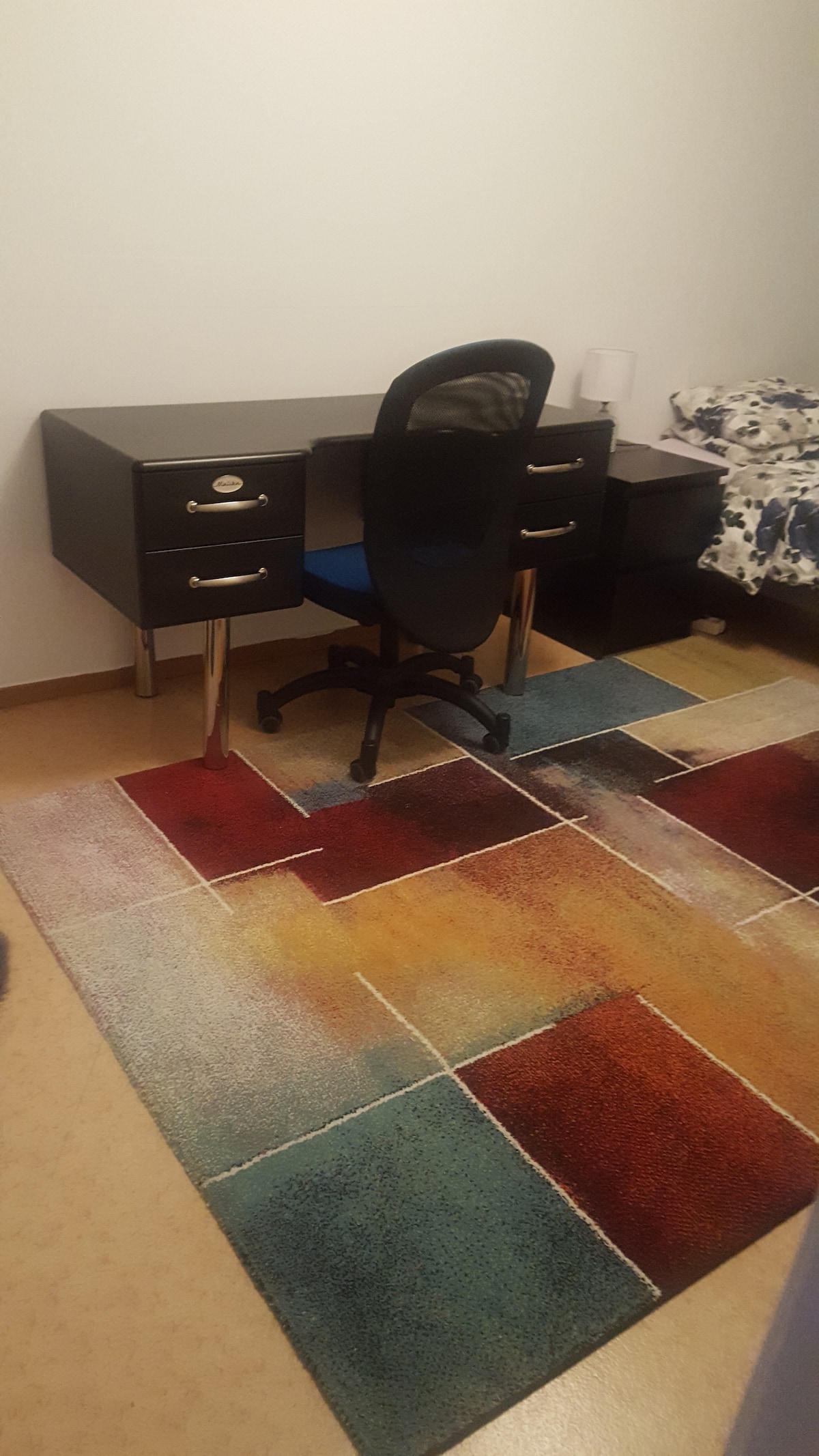 A workspace is set up with a black desk and an ergonomic chair. A bedside table is positioned next to the bed, and a colorful area rug covers the floor, featuring a mix of warm and cool tones.