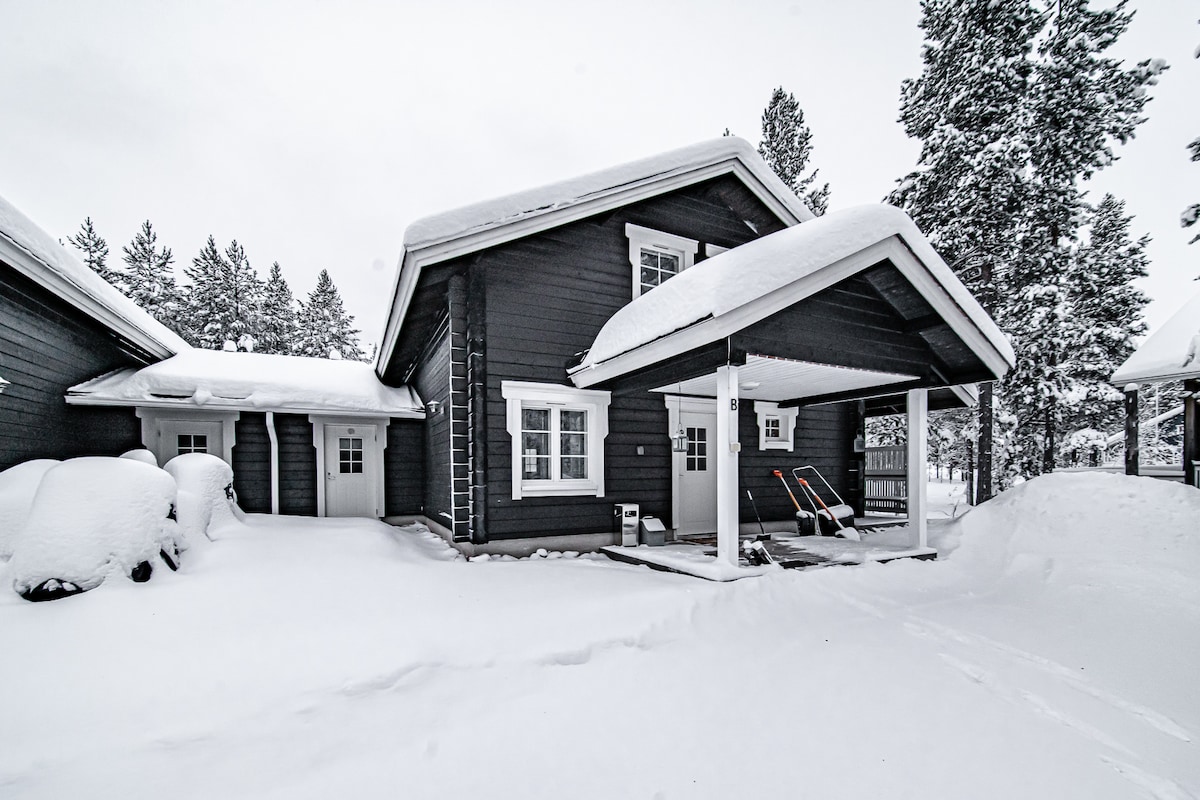 A winter scene of a dark wooden cabin, partially covered in snow. The exterior features a well-defined roof with overhangs, and snow-covered areas flanking the entrance. A pair of skis sits under the protected area, indicated by nearby snow-laden trees that frame the scene.