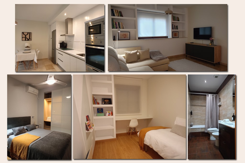 A modern kitchen is equipped with sleek cabinetry and appliances, including an oven and stovetop. The living area features a sectional sofa and a flat-screen TV on a low console, surrounded by bookshelves. Cozy sleeping spaces offer comfortable bedding and well-organized storage.