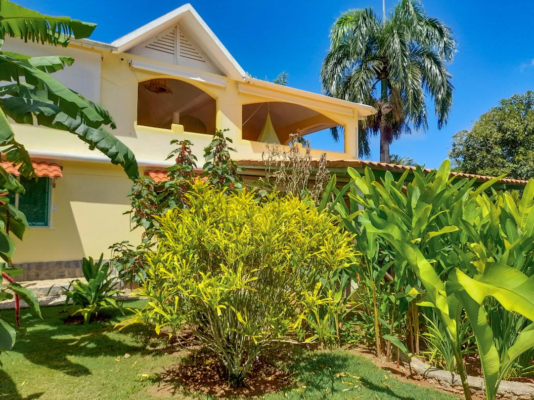 The exterior features a two-story building surrounded by lush greenery, with vibrant tropical plants and palm trees. The yellow facade is complemented by a terracotta roof and open terraces. Sunlight casts a bright glow, enhancing the inviting appearance of the garden.