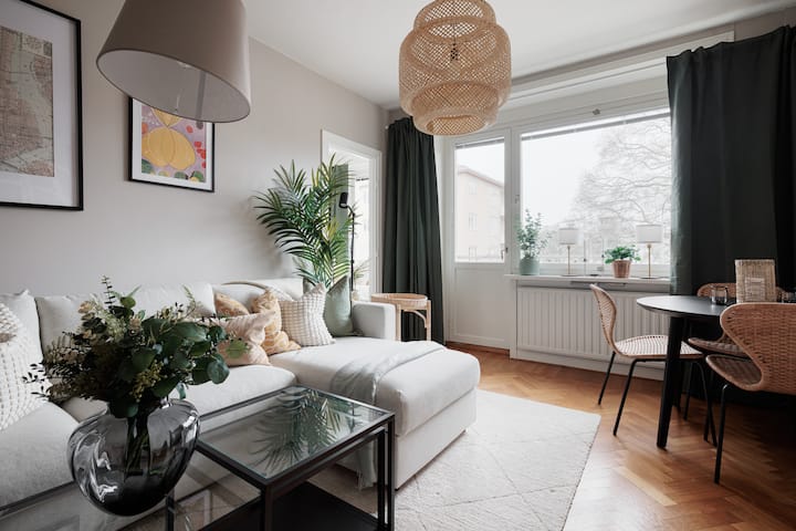 Sala de estar luminosa y espaciosa con un cómodo sofá cama.