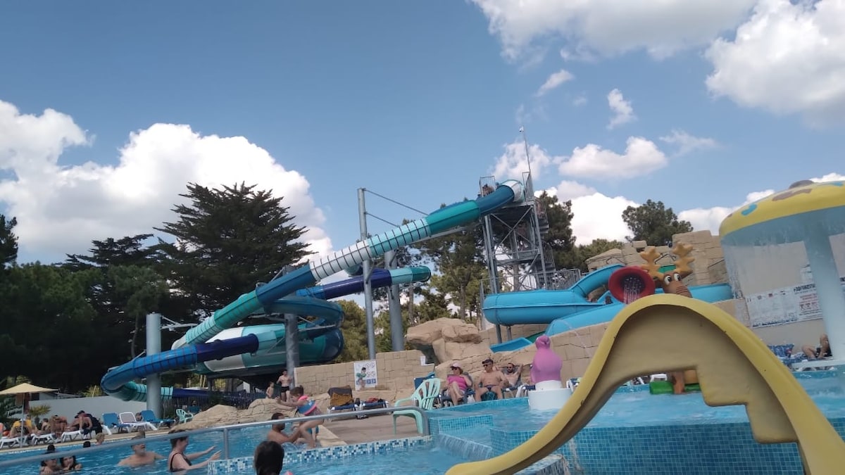 A vibrant water park scene showcases various slides and pools filled with guests enjoying the attractions. Lush greenery surrounds the area, and colorful slides twist and turn above the main pool, which features comfortable seating along its edges.