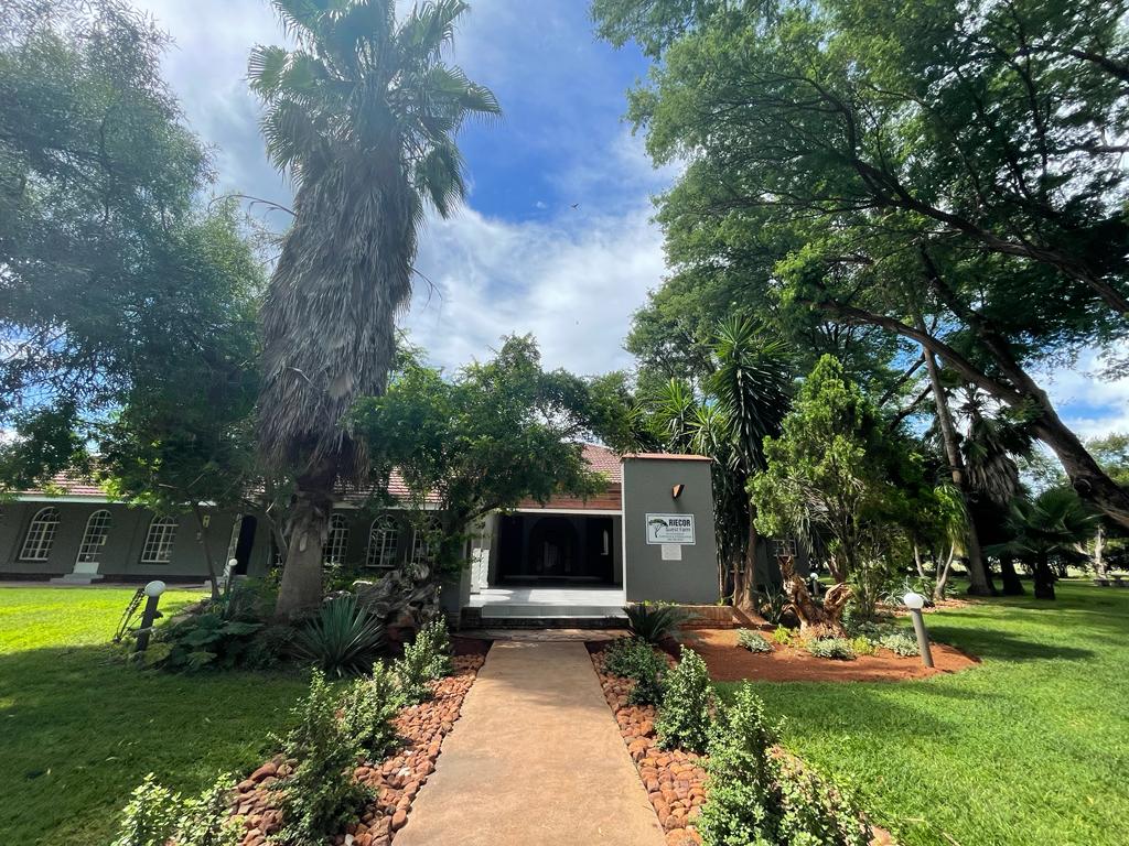 A well-maintained pathway leads through vibrant greenery towards a welcoming entrance, flanked by tall palm trees and lush plants. The building features a neutral exterior with large windows, creating an inviting atmosphere amidst the natural surroundings.