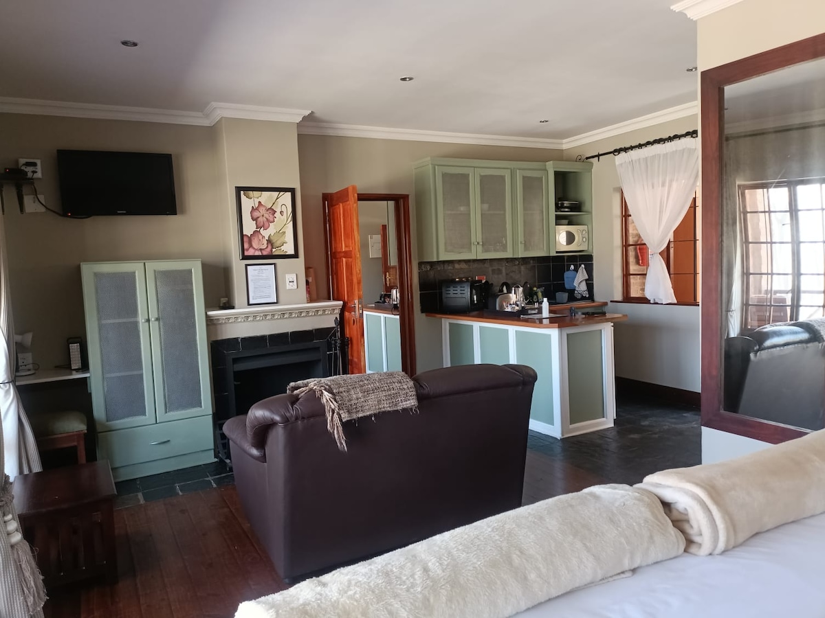 An open-plan living area is highlighted with a cozy brown sofa facing a fireplace. A kitchenette with green cabinetry and modern appliances complements the space. A flat-screen TV is mounted on the wall, and light filters through sheer curtains at the window.