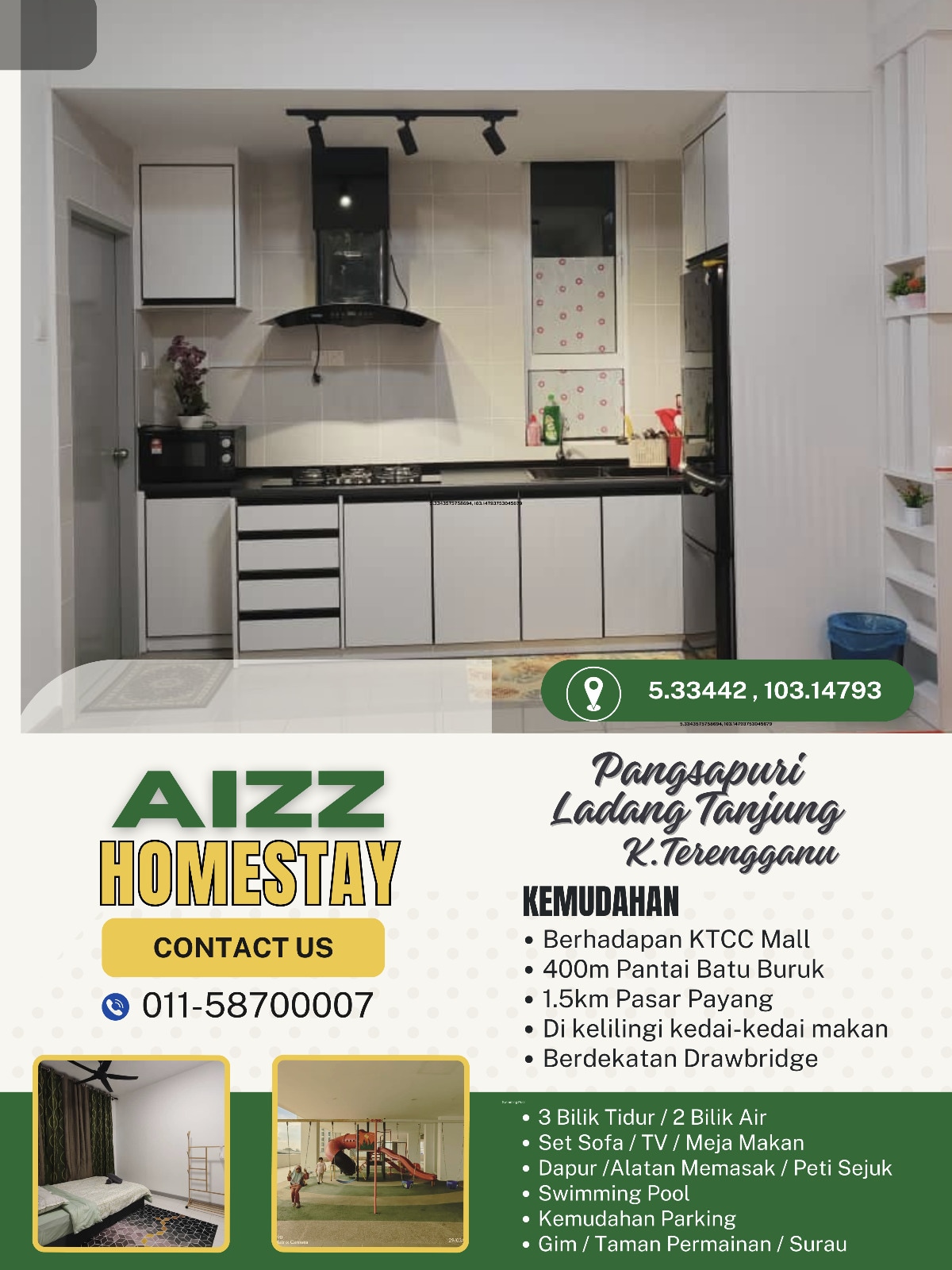 A modern kitchen area is featured, with sleek cabinetry and essential appliances. A stovetop, hood, and sink are visible, complemented by a compact dining table. The bright white walls reflect natural light, enhancing the room's spacious feel. Clean, minimalist lines define the layout for ease of use.