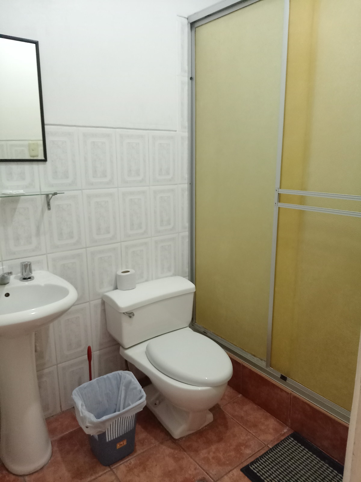 A clean bathroom is showcased, featuring a white pedestal sink, a toilet, and a shower enclosed with transparent glass. A mirror is mounted above the sink, while patterned tiles adorn the walls. A wastebasket is visible near the floor, adding to the overall organization.