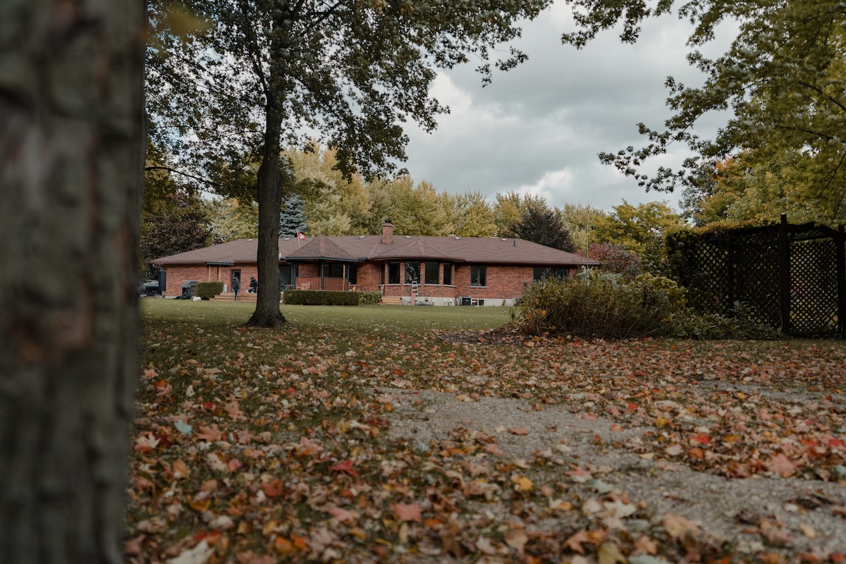 A brick cottage is nestled within a landscaped yard, surrounded by trees displaying autumn foliage. A gravel pathway leads to the entrance, while fallen leaves cover the ground, creating a natural carpet of colors.