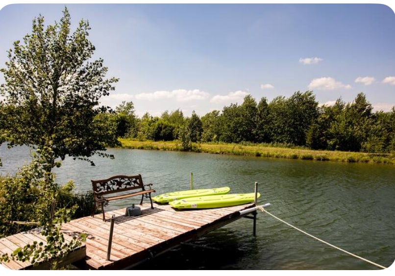 A wooden dock extends into a tranquil lake, adorned with a bench offering a peaceful spot to relax. Two bright green paddle boards are secured alongside, surrounded by lush greenery and the clear blue sky, providing a serene natural setting.