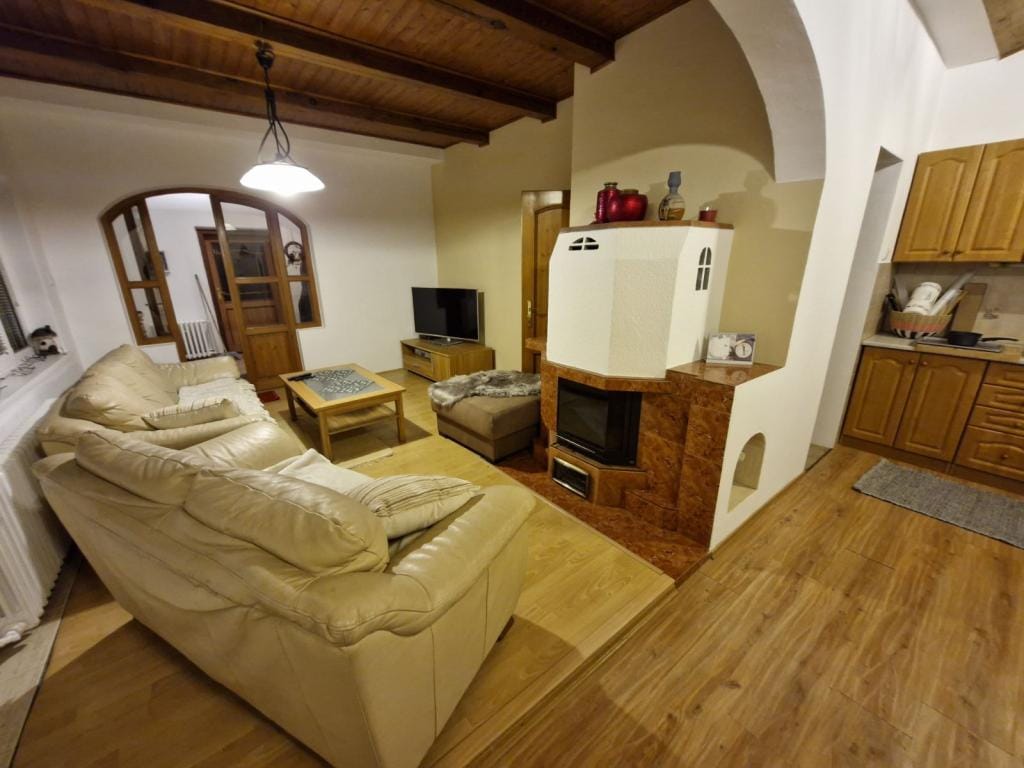 A living area featuring a light-colored leather sofa and a wood coffee table. A flat-screen TV is positioned on a side cabinet, while a decorative fireplace made of stone is set into a wall. The kitchen area is visible, showcasing wooden cabinetry.