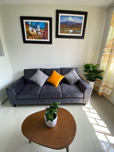 A modern seating area features a grey sofa with two grey and one yellow decorative pillows. A small wooden table stands in front, accompanied by a potted plant. Two framed artworks are displayed on the wall above the sofa, and sunlight filters through sheer curtains.