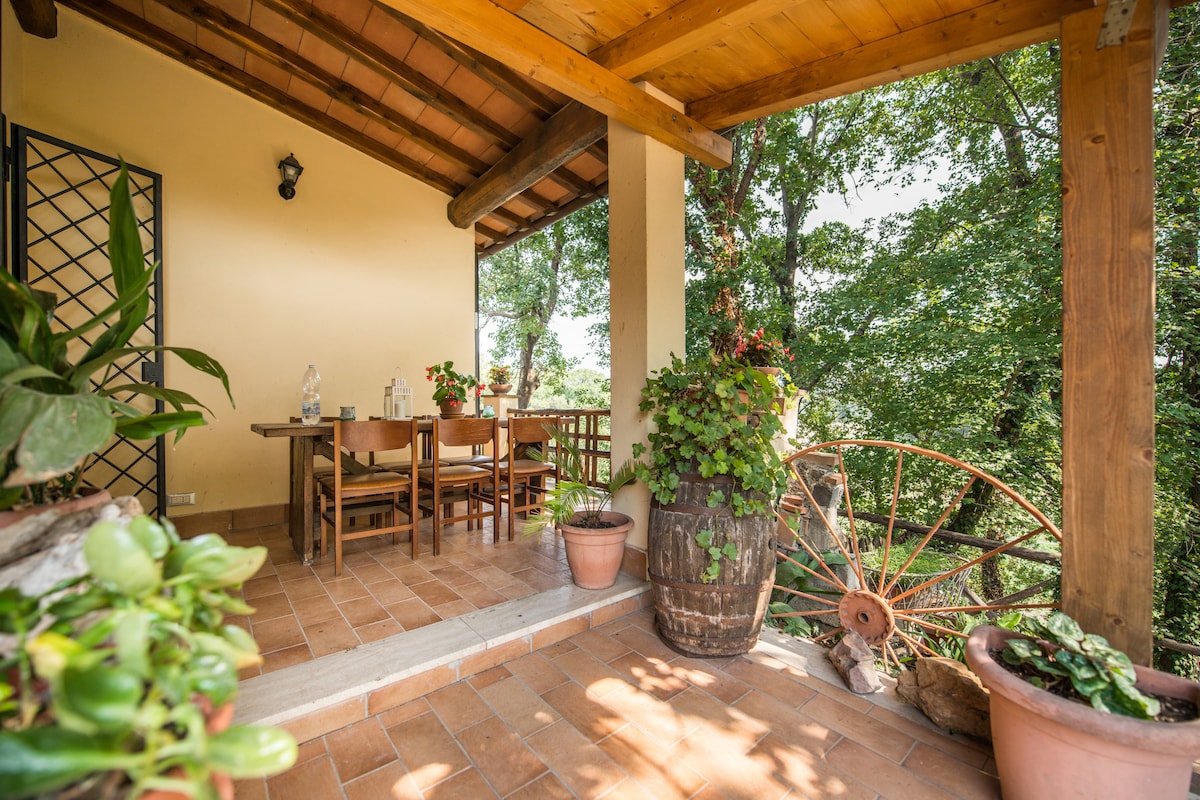 A covered outdoor patio is furnished with a wooden dining table surrounded by chairs and enhanced by potted plants. A rustic wooden wheel and various planters add charm to the setting, creating an inviting space among the greenery.