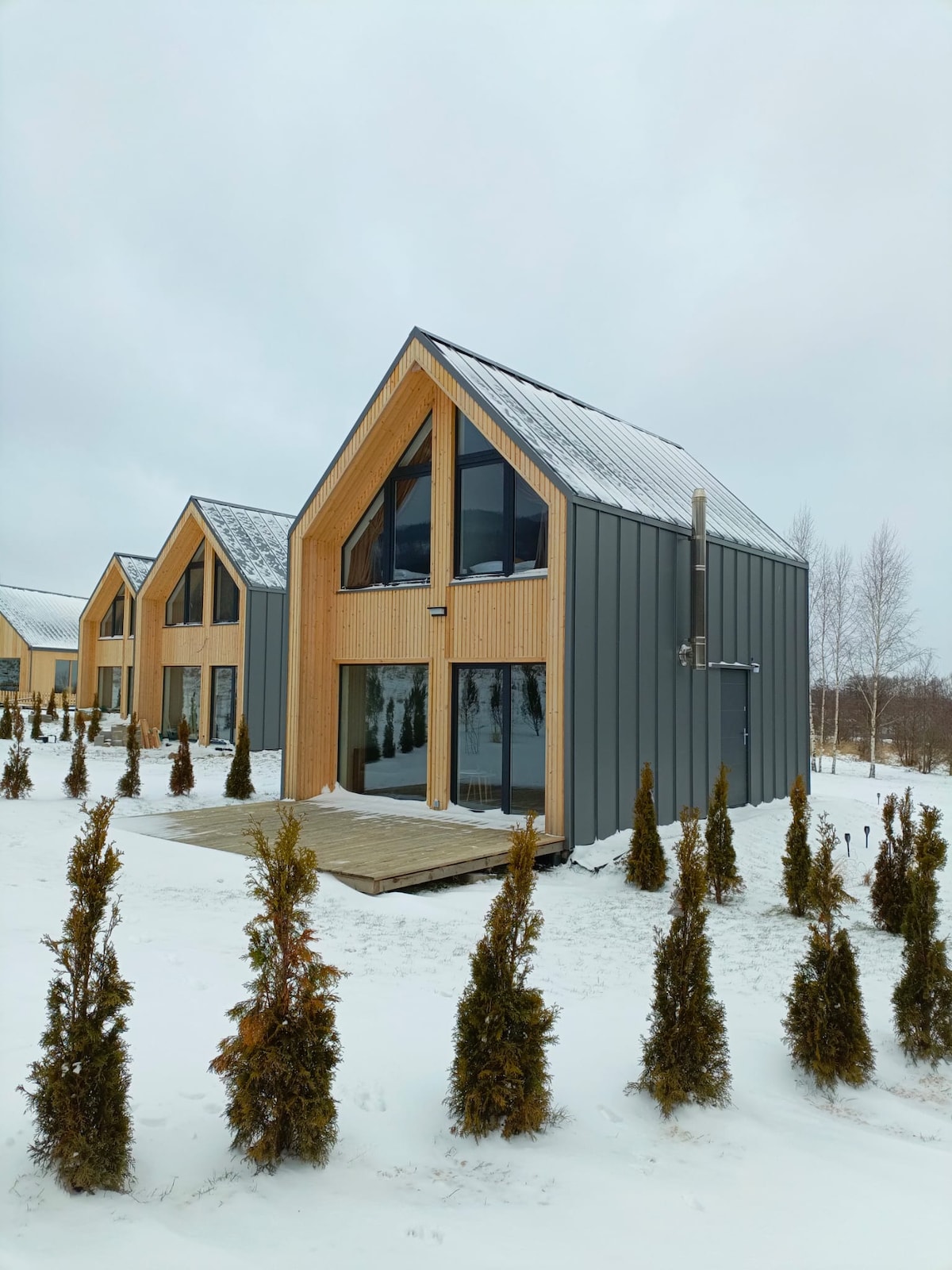 A modern cabin with an angled roof is showcased, featuring large glass windows that allow natural light into the space. A wooden deck extends from the front, surrounded by neatly planted evergreen shrubs. Snow blankets the ground, enhancing the serene winter atmosphere.