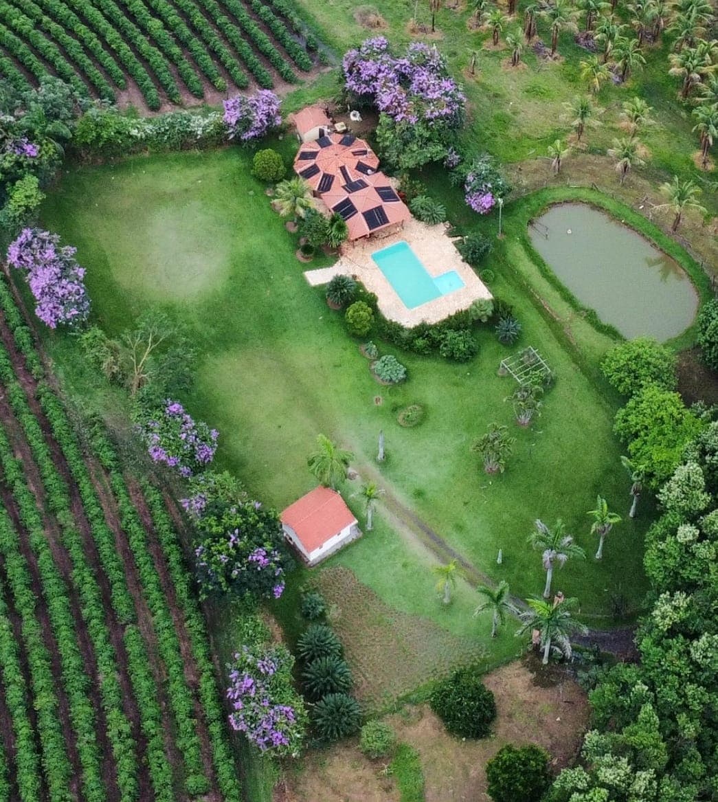 An aerial view captures the spacious property surrounded by lush greenery and vibrant blooming trees. The layout includes a private pool, a pond, and a central chalet with a red-roofed outbuilding. The landscape is designed for relaxation and outdoor enjoyment in a natural setting.