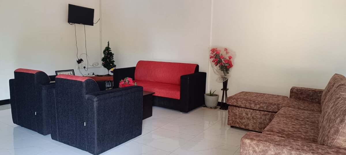 A comfortable living area features a mix of seating options including a dark-colored sofa and red-accented chairs. A coffee table sits in the middle, surrounded by potted plants and decorative flowers. A flat-screen TV is mounted on the wall, enhancing leisure potential.