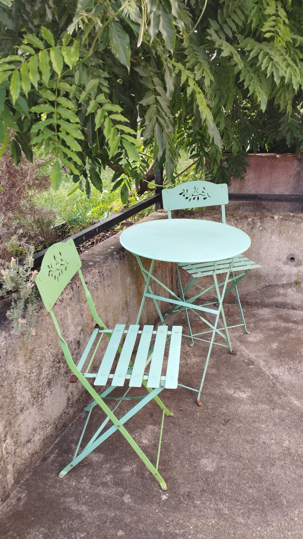 A small outdoor seating area is set with a round table and two folding chairs, all in a soft green color. Lush greenery surrounds the space, providing shade and creating a relaxed atmosphere.