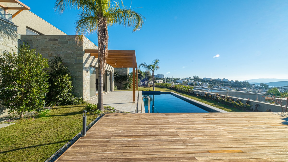 A modern outdoor space showcases a large swimming pool surrounded by well-maintained greenery. The wooden deck leads towards a shaded area under a wooden pergola, with views of the nearby coastline. Palm trees are planted strategically, enhancing the landscape.