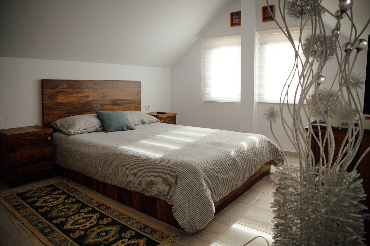 A spacious bedroom features a wooden bed frame with a comfortable mattress, complemented by two nightstands. Natural light filters through the two window shades, creating soft patterns on the floor. A decorative tree adds a touch of elegance to the welcoming atmosphere.