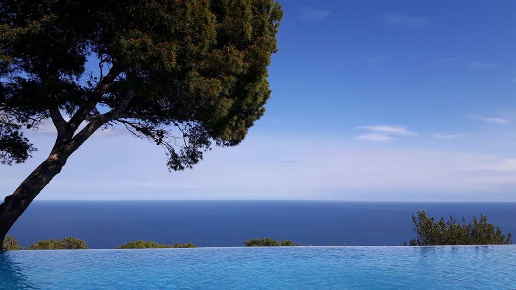 An infinity pool extends towards the horizon, reflecting the clear blue sky. Lush greenery frames the scene, creating a seamless view of the expansive sea. The tranquil ambiance is highlighted by the gentle curves of the landscape and the calm waters.