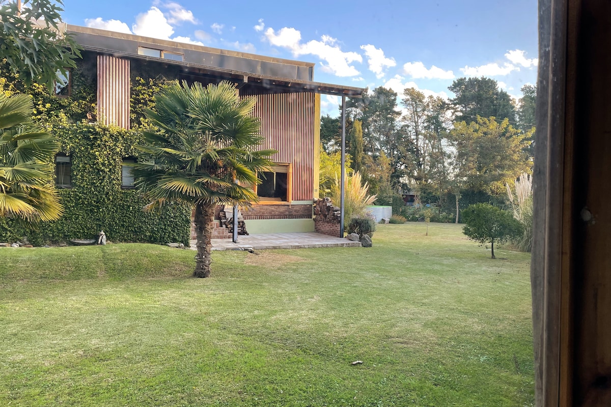 A rustic building is depicted with wooden paneling and large windows, surrounded by greenery. A spacious yard features manicured grass and several palm trees, with a paved area visible in front of the house, blending nature with the architectural elements.
