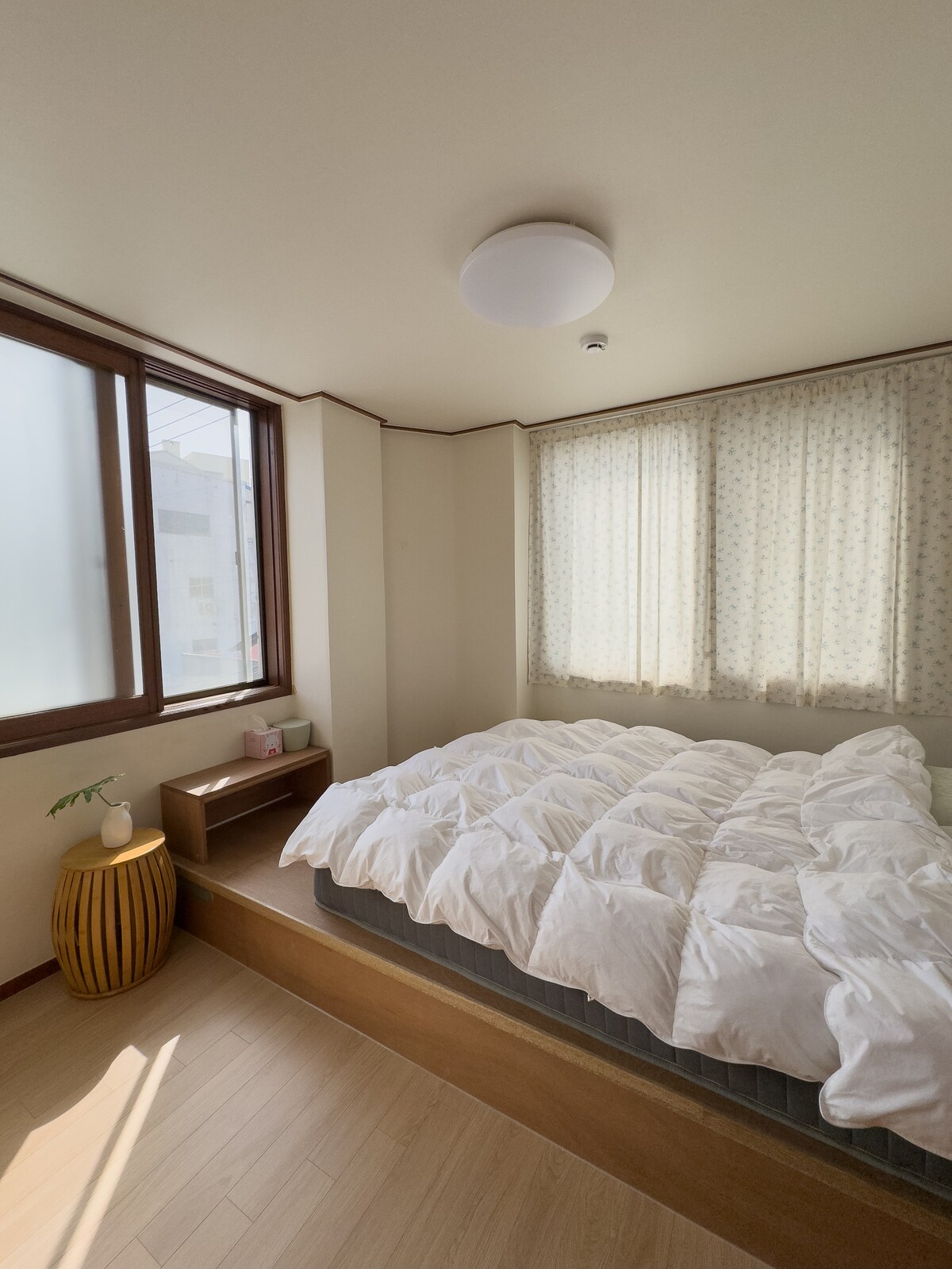 A sunlit sleeping area features a spacious bed covered with a white comforter, complemented by soft natural light through the large windows. Light curtains gently diffuse the sunlight, and a small wooden side table holds a plant, adding a touch of nature to the room.