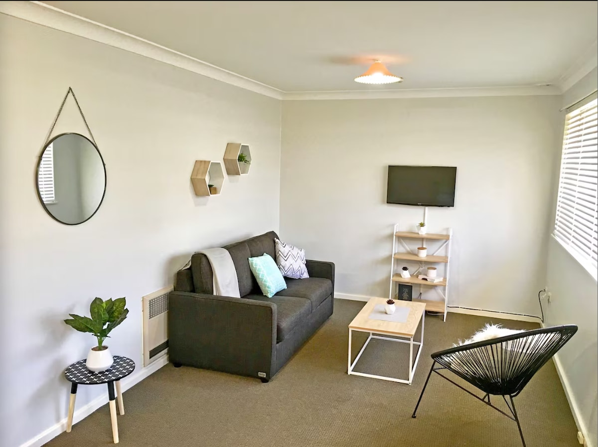 A living room area features a dark sofa adorned with decorative cushions. A small round table with a plant sits beside it, and a minimalist television stand holds a TV. Light-colored walls are complemented by geometric shelves on one side, with natural light streaming through the window.