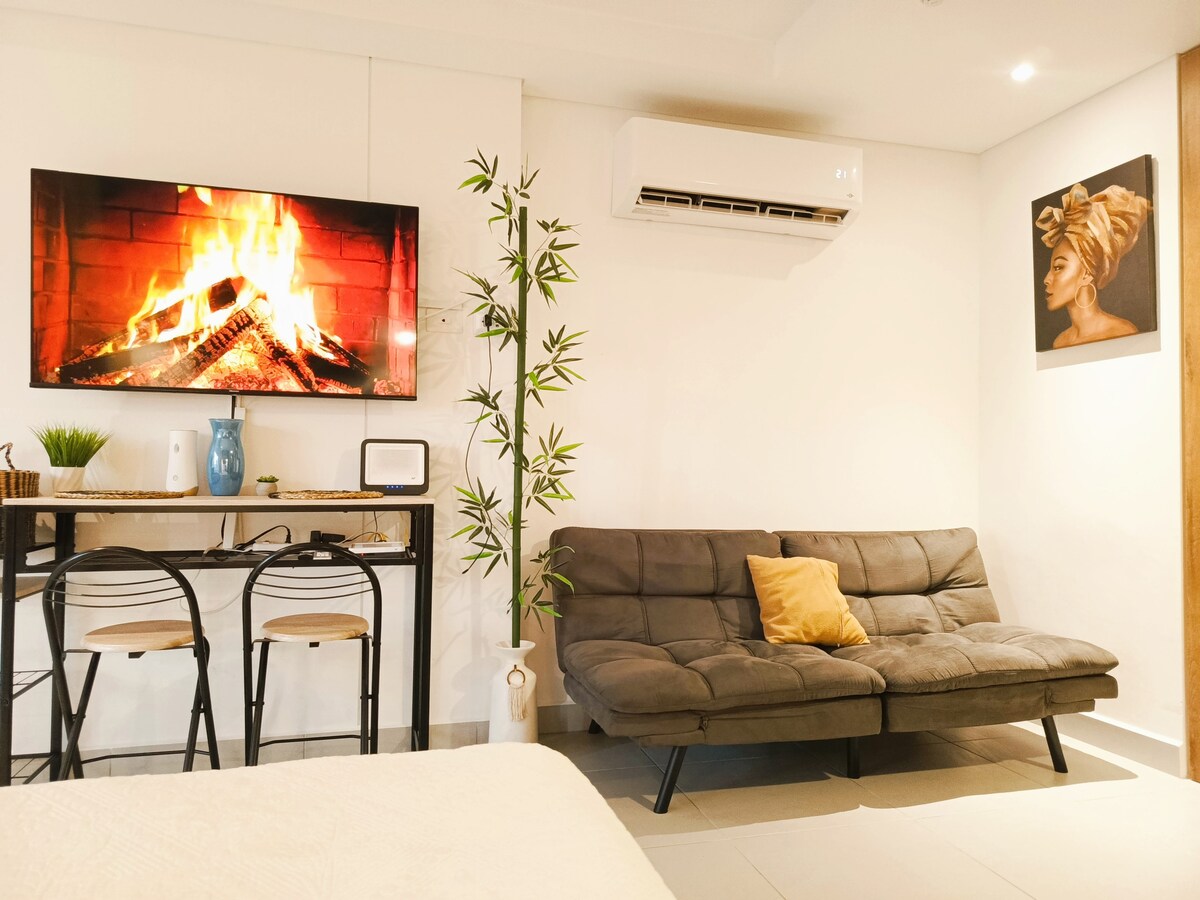 Სამუშაო მაგიდა, კონდიციონერი, ტელევიზორი და გასაშლელი დივანი - მისაღები ოთახი.