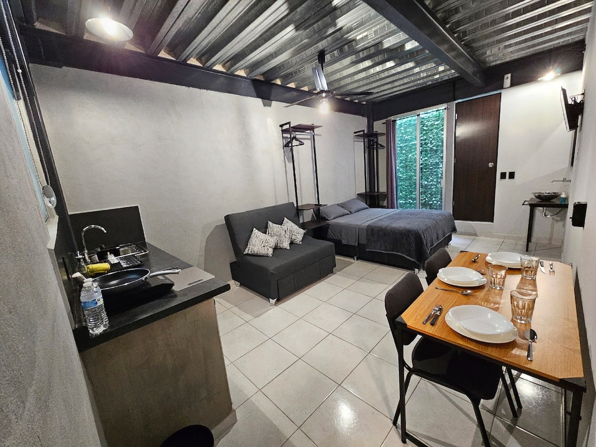 An open living space features a cozy seating area with a convertible sofa and a spacious queensize bed. A small dining table is set for four, while a kitchenette with essential appliances is visible. Natural light filters through a sliding door, leading to a green outdoor area.