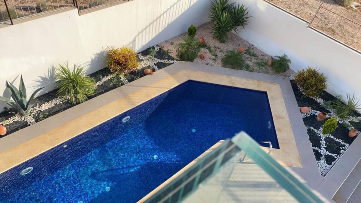 An aerial view of a modern swimming pool, featuring a unique geometric shape. Surrounding the pool are well-maintained plants and decorative stones, providing a vibrant contrast against the blue water. The smooth stone deck enhances the space's overall elegance.