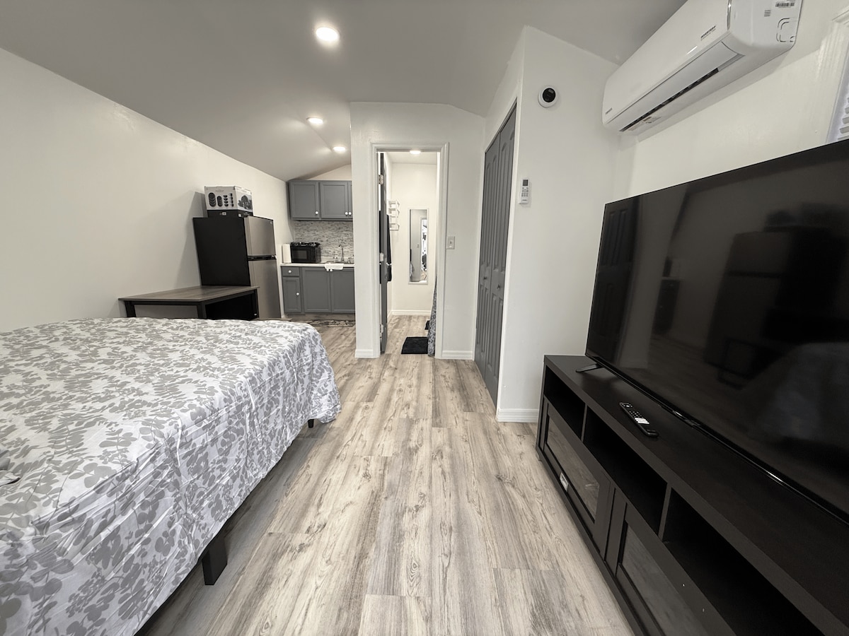 A neat guesthouse interior is displayed, featuring a spacious bed with a floral-patterned coverlet. A large TV is positioned on a dark cabinet across from the bed, while a kitchenette is visible in the background, offering modern appliances. Light wood flooring enhances the open feel.