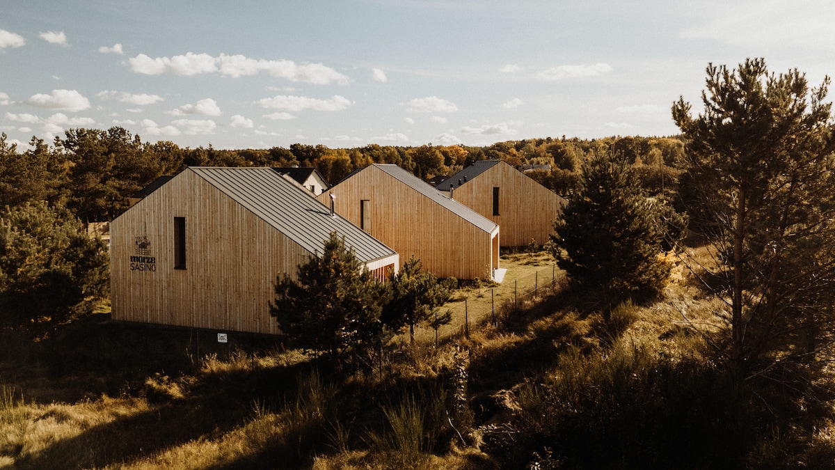 Three modern wooden houses are set in a natural landscape, surrounded by trees and open grass. The slanted roofs and large windows give a contemporary appearance. Soft afternoon light enhances the serene environment, complementing the earthy tones of the structures and their surroundings.