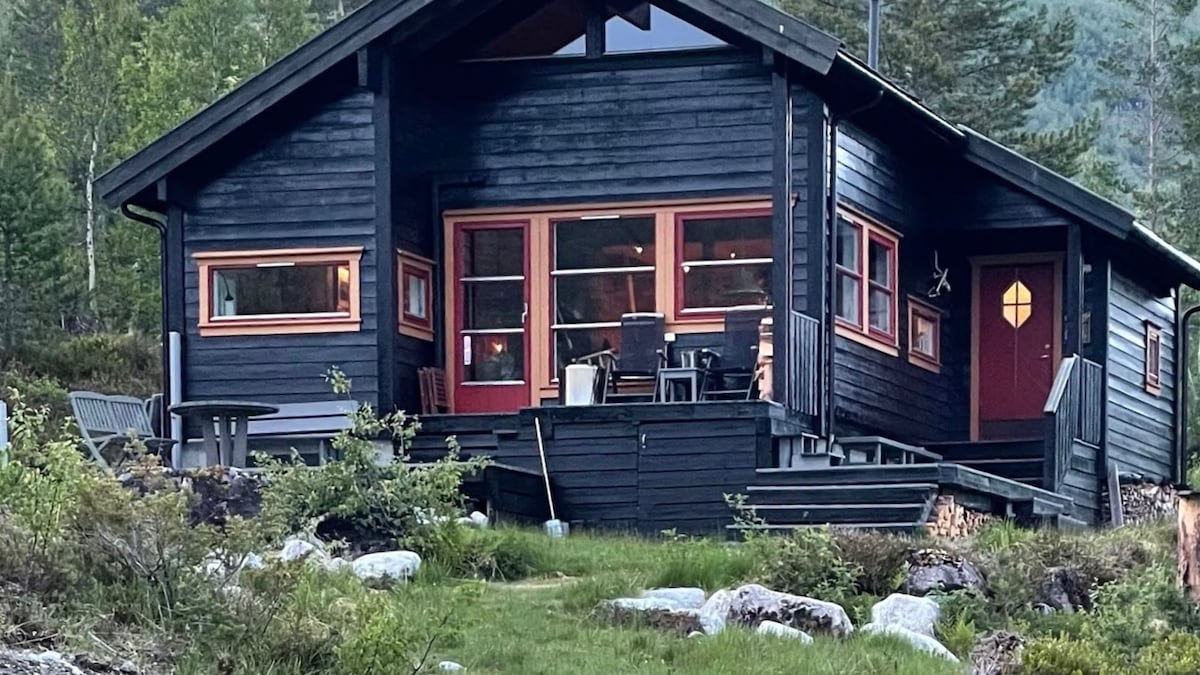 The cabin, with a sleek black exterior, features large windows that invite natural light. A welcoming entrance is accentuated by a red door. Outdoor seating is visible nearby, nestled among greenery and stones, offering a serene view of the surrounding landscape.