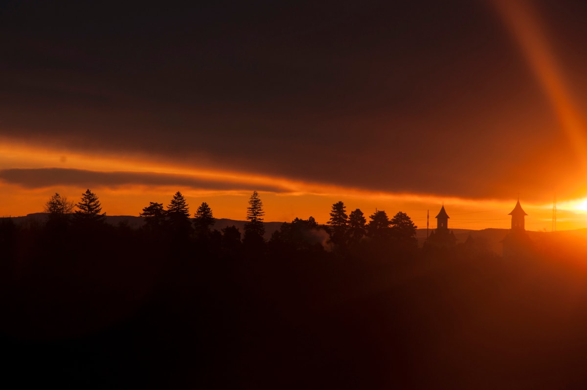 A sunset casts warm hues across the horizon, silhouetting a line of trees and two distinct towers. The sky transitions from deep orange to darker tones, creating a serene backdrop that highlights the tranquil landscape.