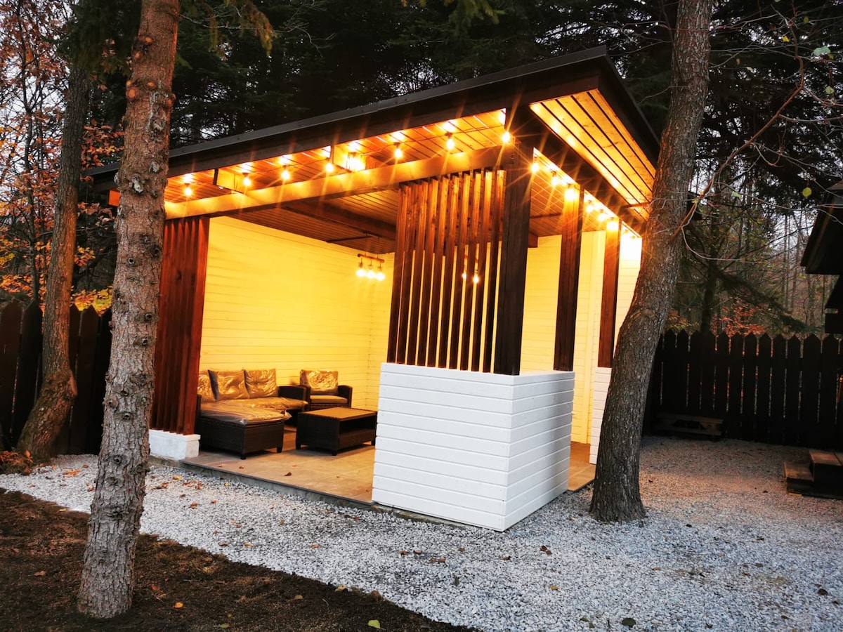 An outdoor seating area is presented, with comfortable furniture arranged beneath an illuminated canopy. Warm lights hang overhead, highlighting the space's inviting ambiance. The patio is surrounded by trees, providing a sense of privacy, and a gravel surface leads to the entrance.