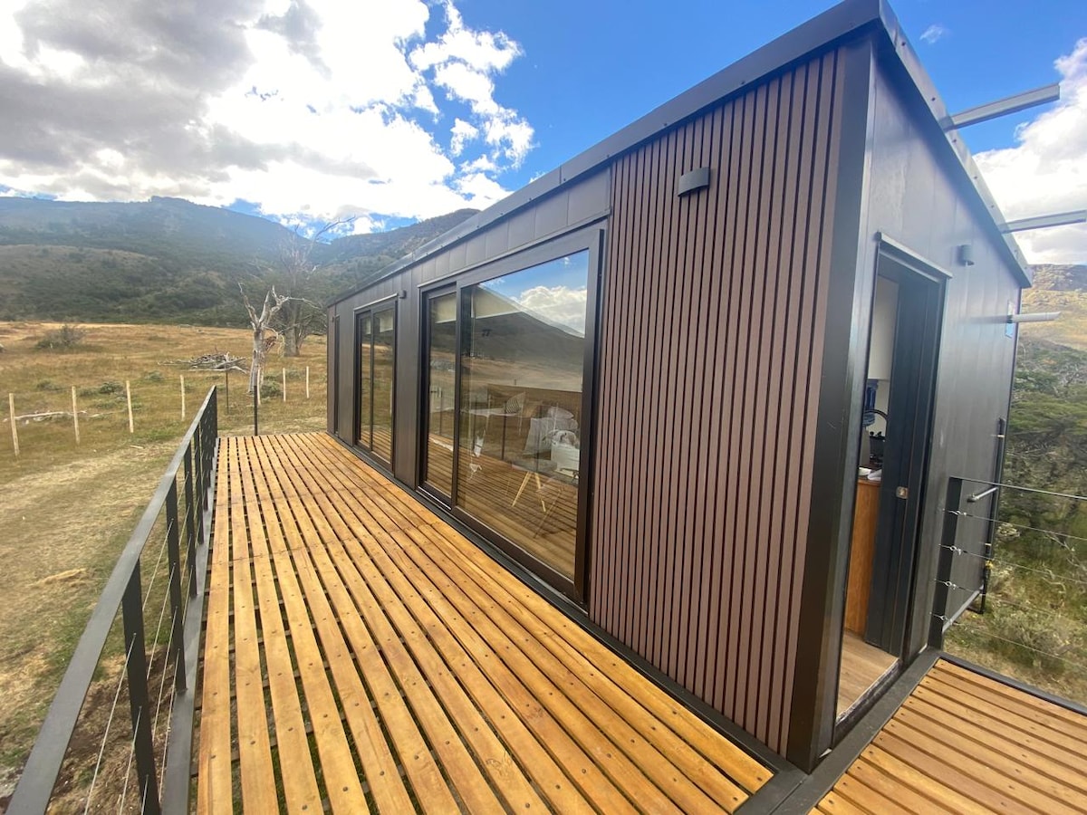 The modern exterior of the cabin features a wooden deck surrounded by scenic landscapes. Large glass doors on the front provide ample natural light and views of the outdoors, while the stylish façade showcases a blend of wood and metal materials.