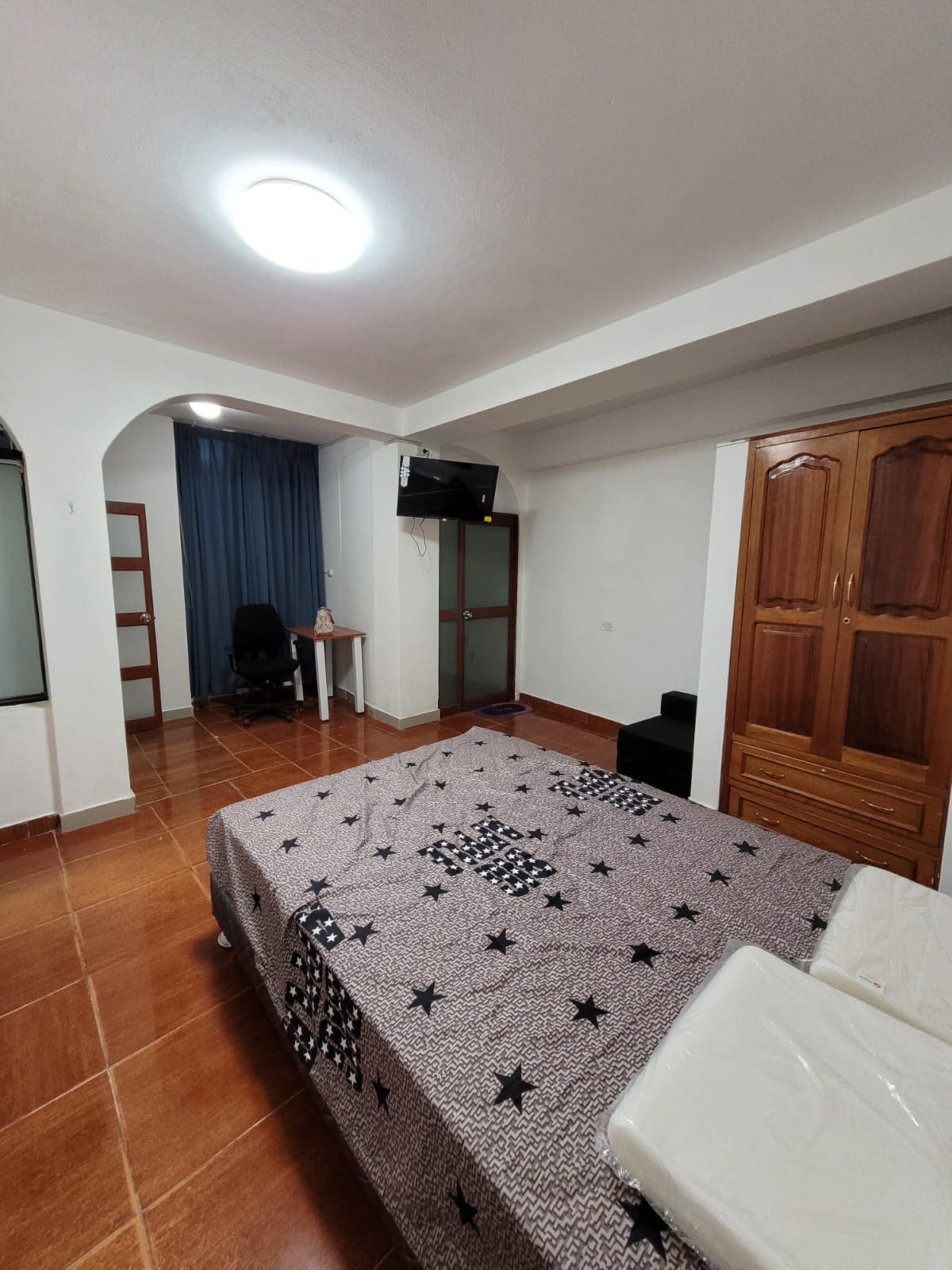 A spacious room features a large bed covered in a patterned blanket. A desk with a chair is positioned against the wall, while a television is mounted nearby. The room is well-lit with soft overhead lighting, and a wardrobe provides additional storage.
