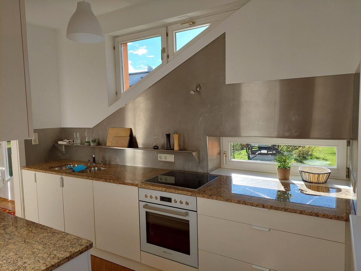 A modern kitchen is depicted with sleek cabinetry and a granite countertop. Natural light streams in through several windows, highlighting the cooking space and adjacent decorative plant. The kitchen includes a built-in oven and stovetop, emphasizing functionality and design.
