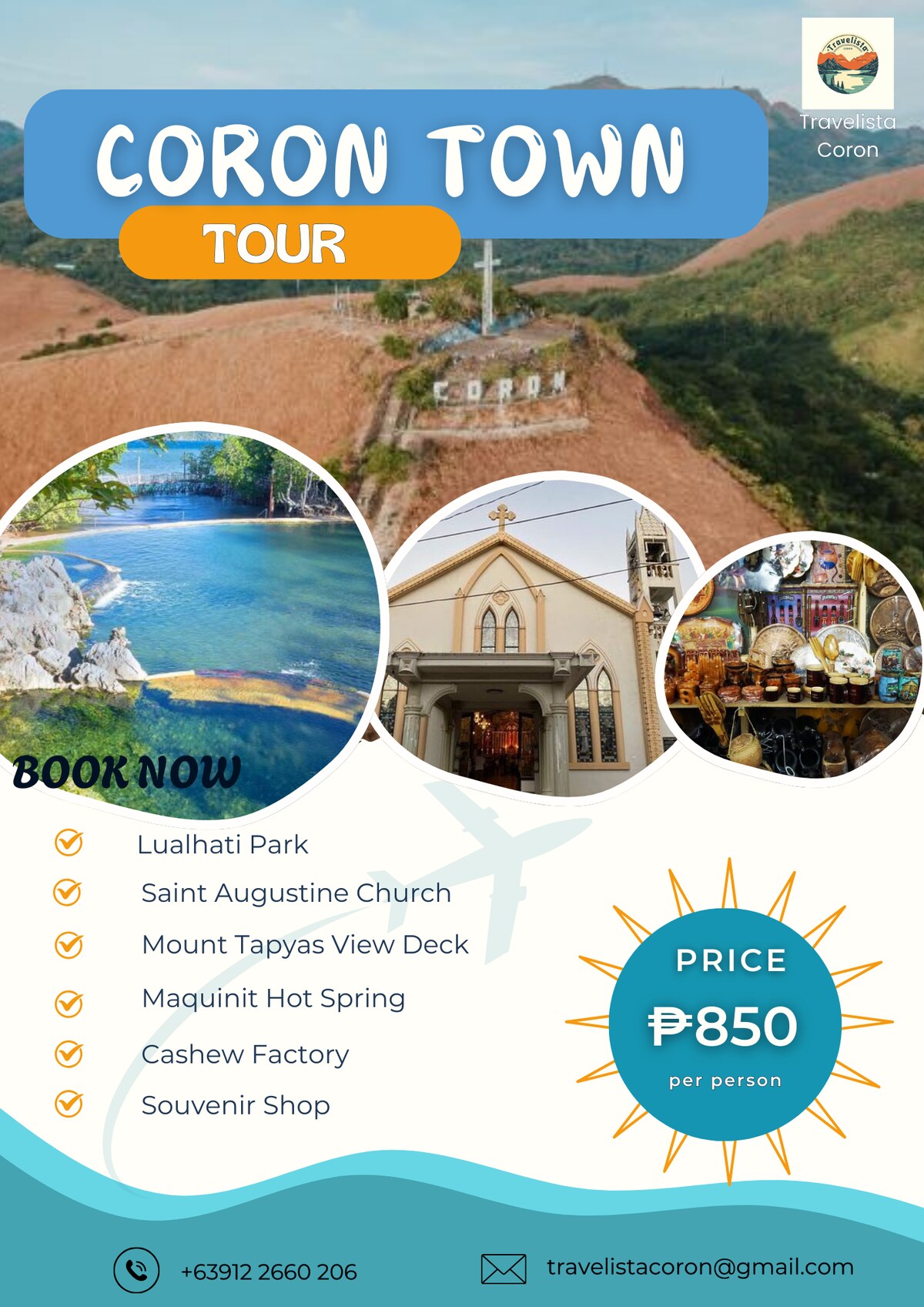A vibrant promotional poster for Coron Town Tours is displayed, featuring an aerial view of the island's landscape. Location highlights include various attractions such as a church, hot spring, and souvenir shop accompanied by icons. Pricing information is presented clearly at the bottom.