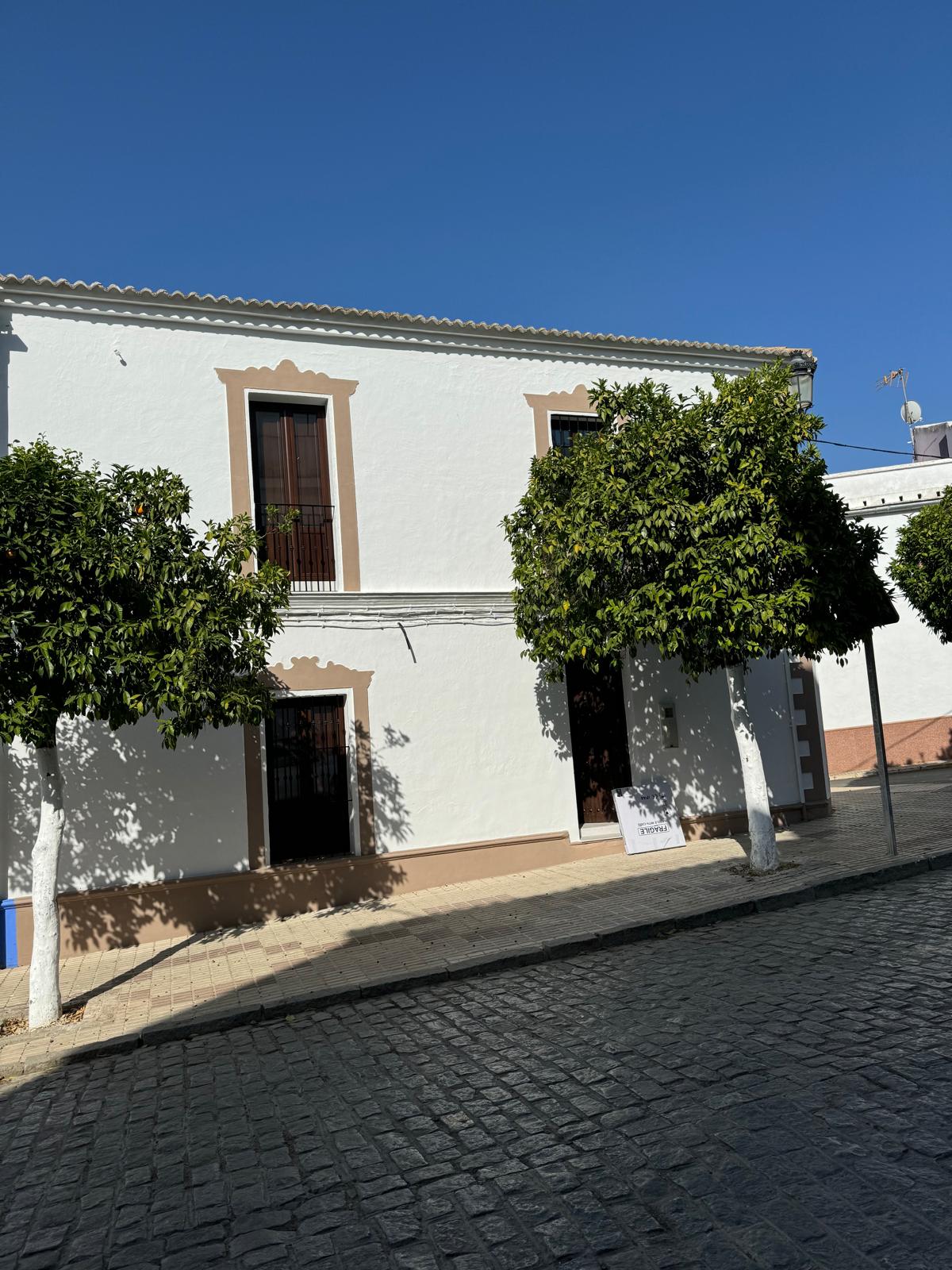 A charming two-story house with a white facade and decorative trim is situated on a cobblestone street. Lush green trees frame the entrance, while two large windows on the upper floor are adorned with narrow balconies. The bright blue sky offers a serene backdrop.