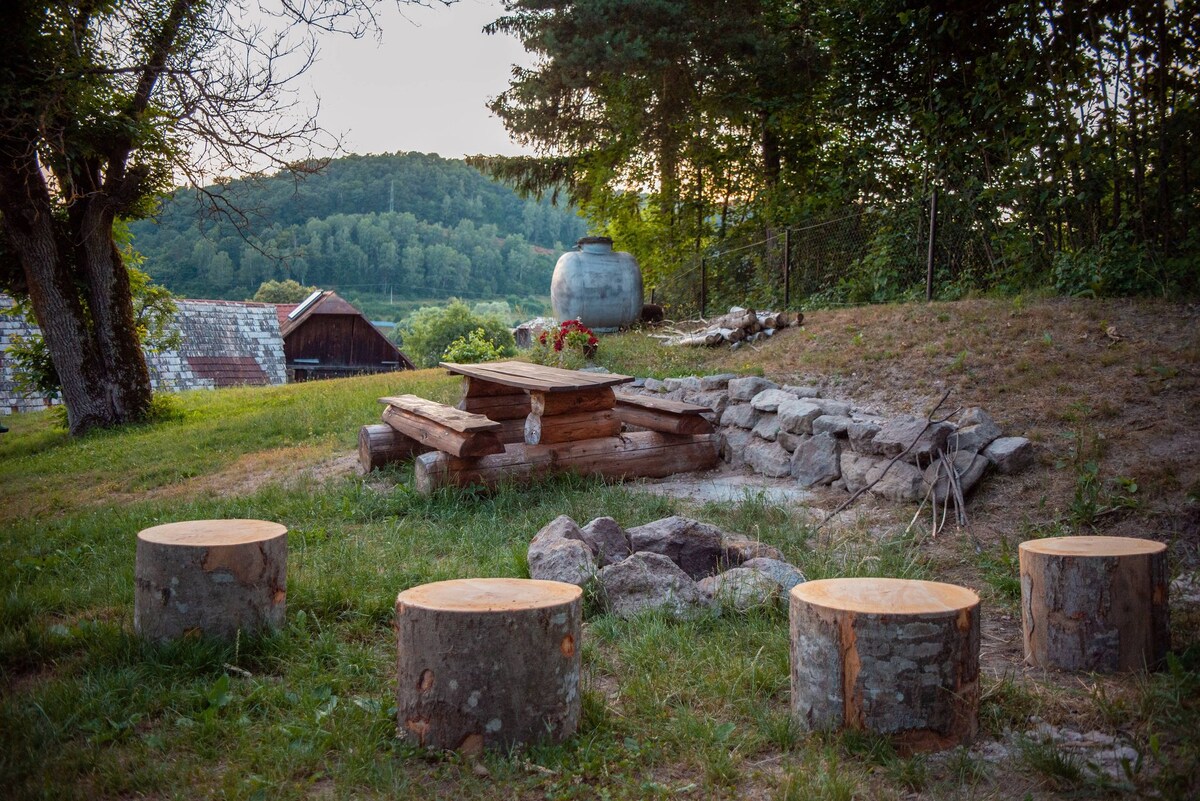 An outdoor fire pit area is featured, surrounded by log seating arranged in a circular layout. Natural stone forms the boundary of the fire pit, with a grassy terrain and trees providing a lush backdrop. A rustic structure and hill can be seen in the distance.
