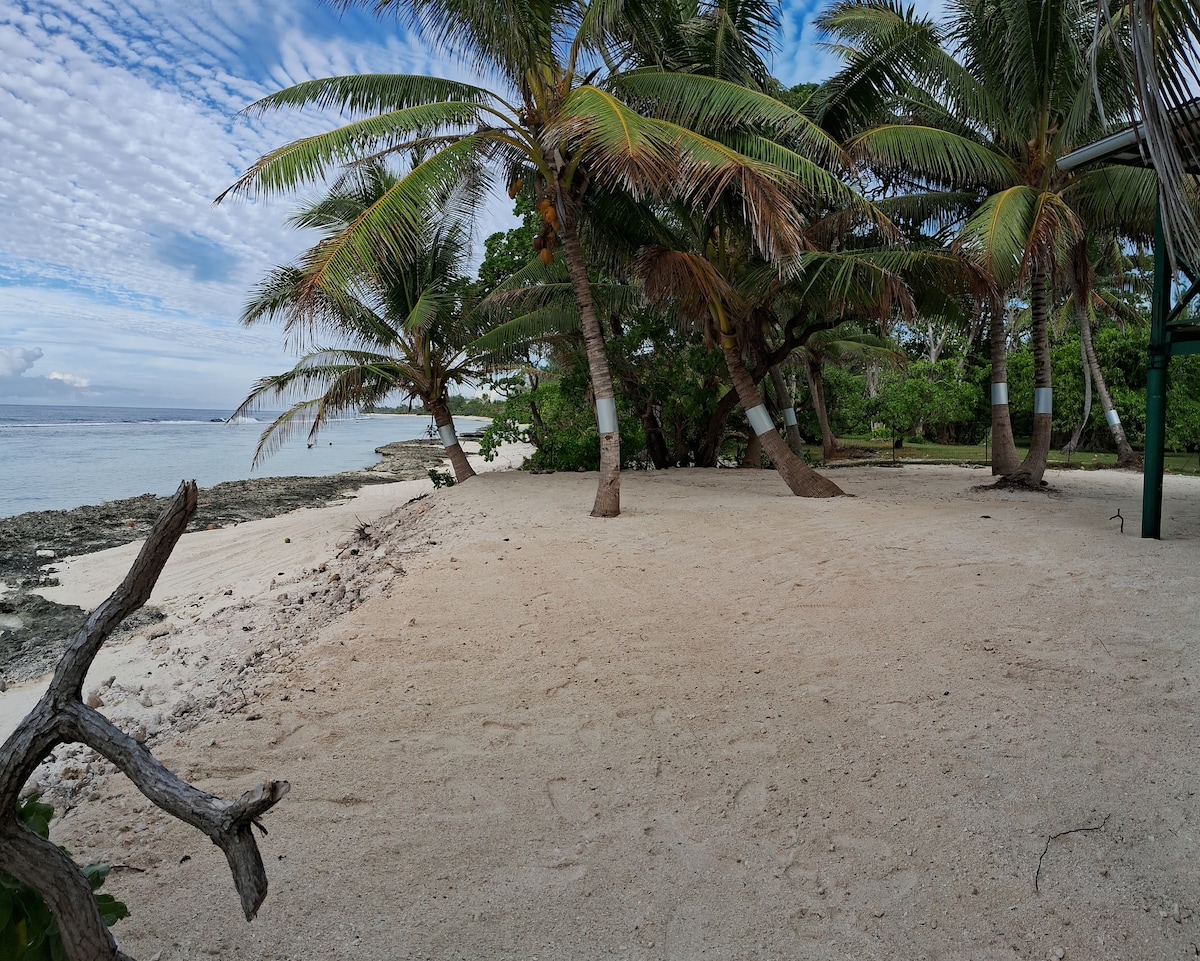 A sandy beachfront area is bordered by several palm trees, providing natural shade. The calm, clear waters of the lagoon stretch in the background, alongside rocky shoreline elements. Dense greenery is visible in the surrounding landscape, contributing to a serene atmosphere.