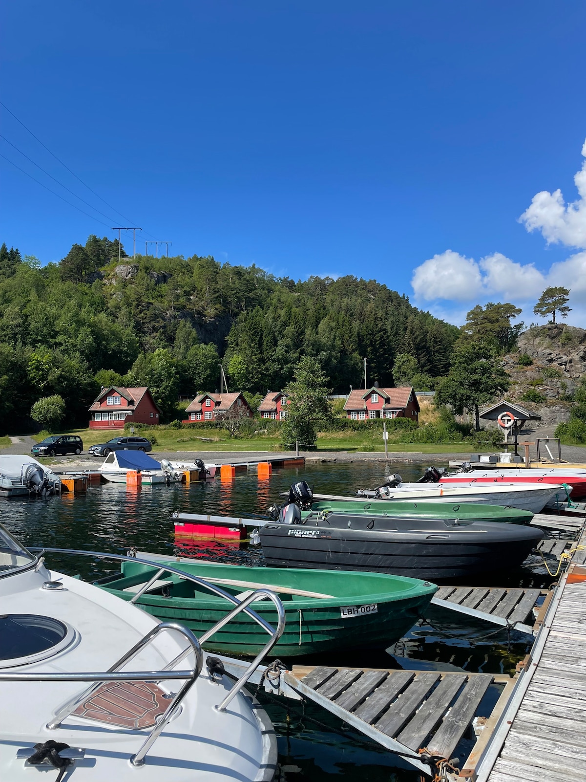 A serene marina scene is depicted, featuring several boats moored along a wooden dock. In the background, charming red cottages are nestled among green trees under a clear blue sky. The water reflects vibrant colors, enhancing the peaceful setting.