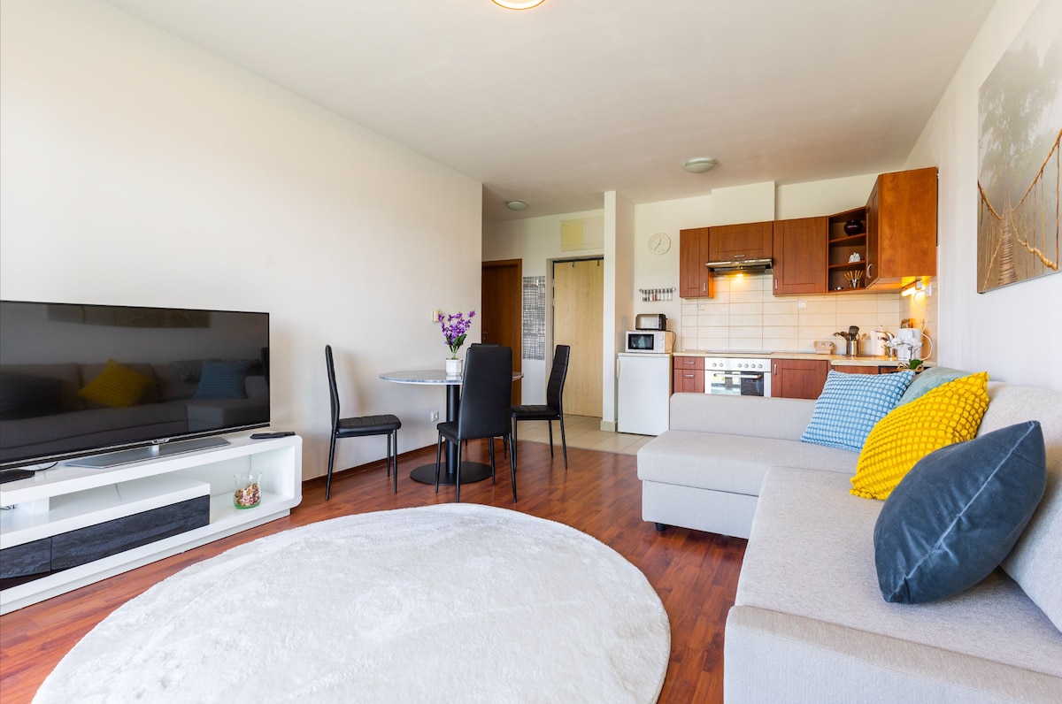 An open and airy living space is showcased, featuring a light-colored sofa adorned with a yellow pillow. A round rug anchors the seating area, while a dining table with four chairs is visible nearby. A fully equipped kitchen appears in the background, highlighted by wooden cabinetry.