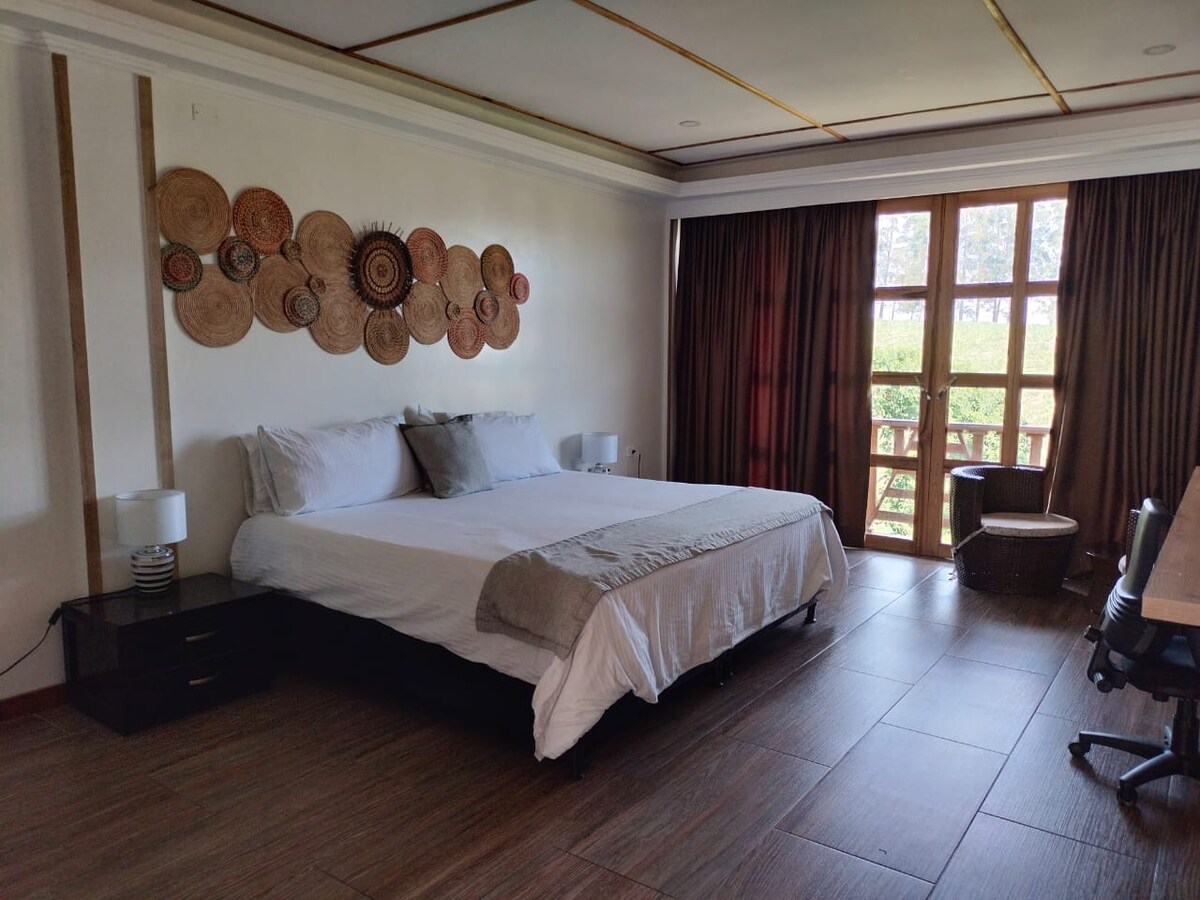 A spacious bedroom showcases a large bed adorned with neutral linens. Natural wooden accents are highlighted on the wall, complemented by bedside lamps. A window with wooden frames opens to a view, while dark curtains add a touch of warmth to the room.