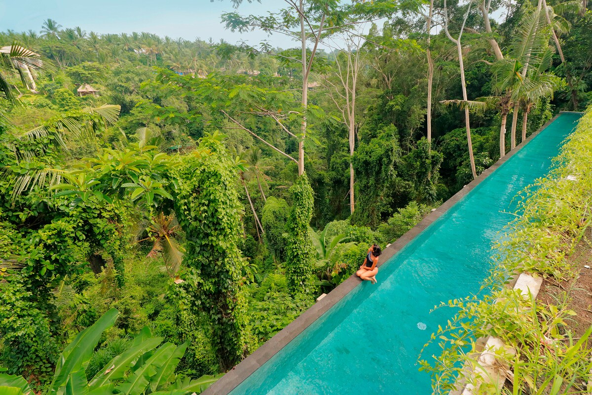 An infinity pool is shown extending along the edge of a lush green valley. The water reflects the surrounding foliage, creating a seamless flow between the pool and the natural landscape. Towering trees and dense vegetation provide a serene backdrop, enhancing the feeling of tranquility.