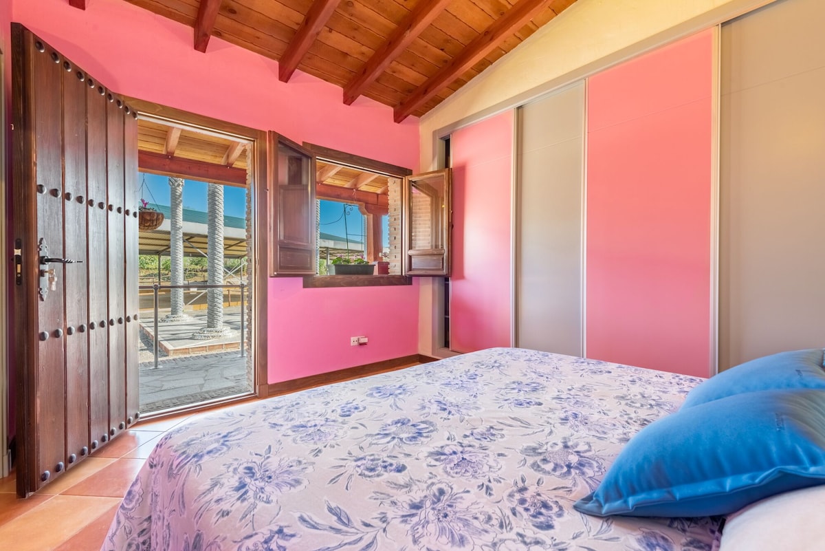 A bright bedroom features pink walls and a wooden ceiling with exposed beams. A spacious bed is adorned with a floral patterned blanket and blue pillows. Large windows and doors open to the outdoor area, enhancing natural light and ventilation.
