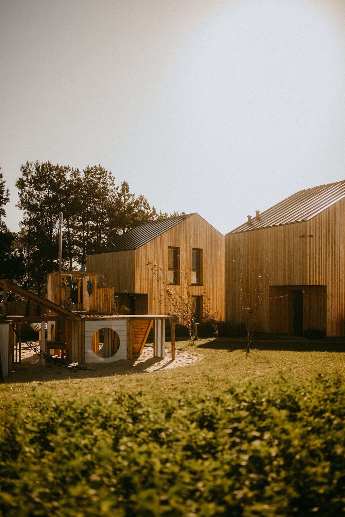 Two modern wooden houses are surrounded by green grass, with large windows allowing natural light to fill the spaces. A colorful playground is featured in the foreground, inviting outdoor play, and trees provide a natural backdrop.