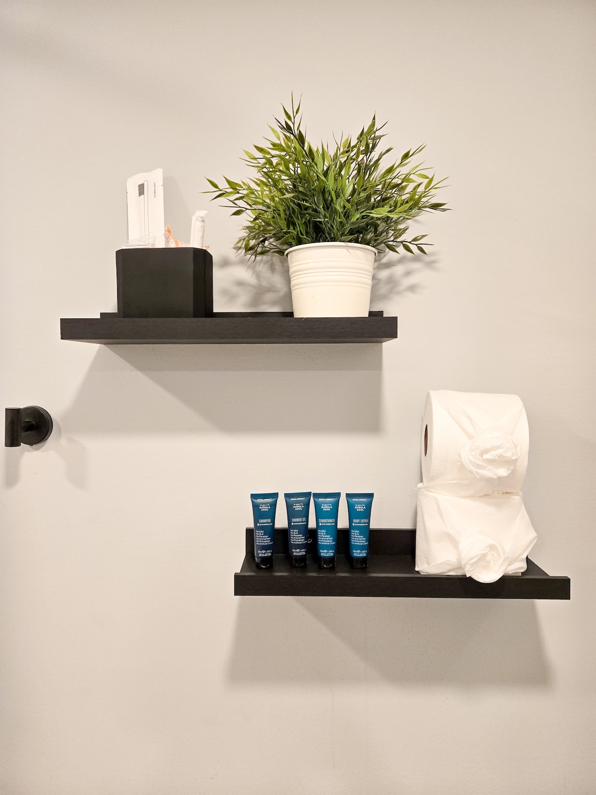 Two black floating shelves are mounted on a light gray wall. The top shelf holds a small potted plant and a container with toiletries, while the bottom shelf displays three tubes of cream and a stack of white rolls, neatly arranged.