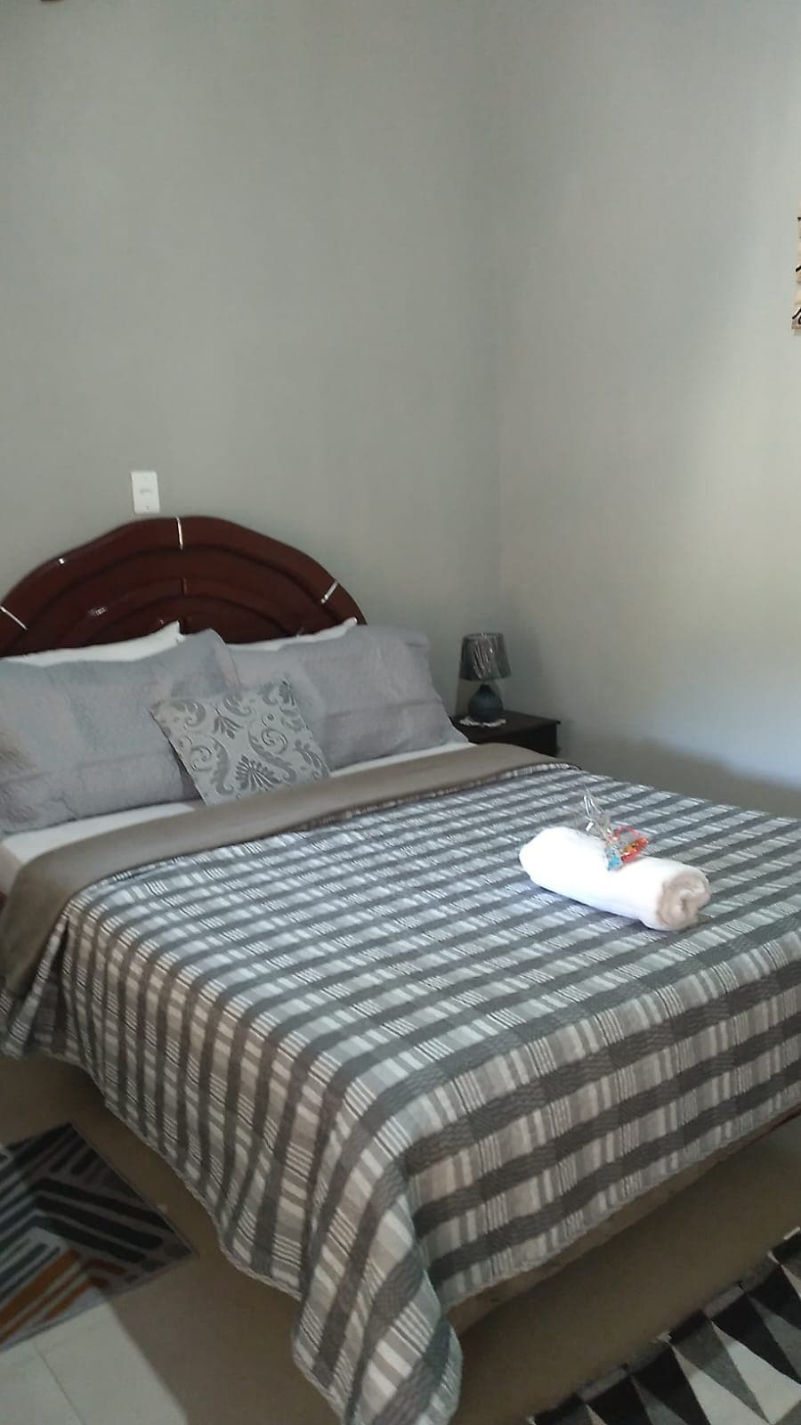 A well-appointed sleeping area features a spacious bed adorned with a patterned blanket and decorative cushions. A white towel is neatly arranged on the bed. Soft lighting is provided by a bedside lamp on a dark side table against a gray wall.